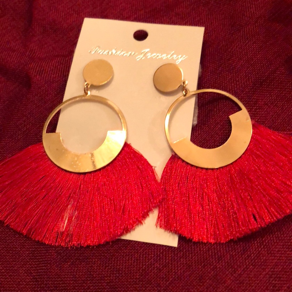 Large red fringe earrings